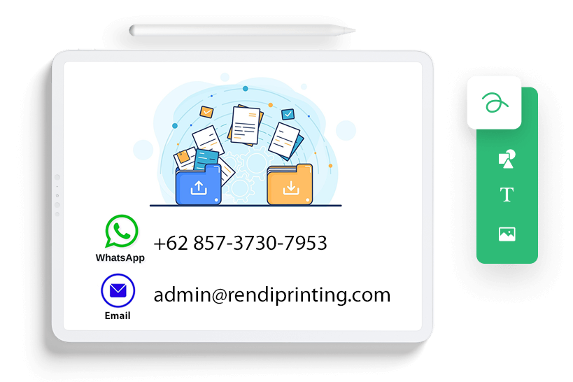 Kirim File - dalam format siap cetak ke admin@rendiprinting.com atau melalui WA 0857-3730-7953